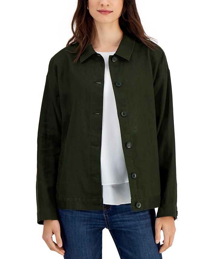 Eileen Fisher Women's Organic Linen Classic Collar Jacket Green Size X-Large