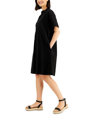 Eileen Fisher Women's Organic Cotton Mandarin Collar Shirtdress Black Size Medium