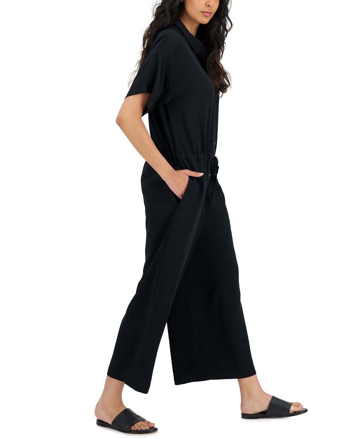 Eileen Fisher Women's Classic Collar Short Sleeve Wide Leg Jumpsuit Black Size X-Large