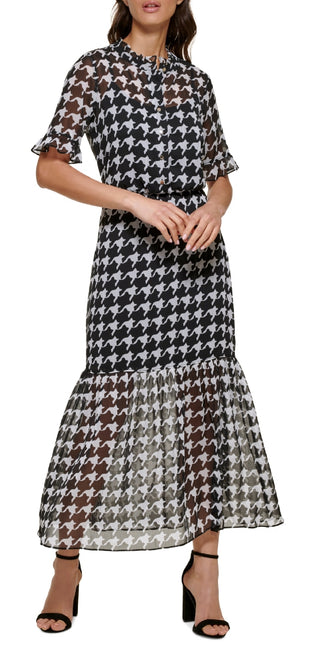 Kensie Women's Houndstooth Print Chiffon Dress Black Size 4