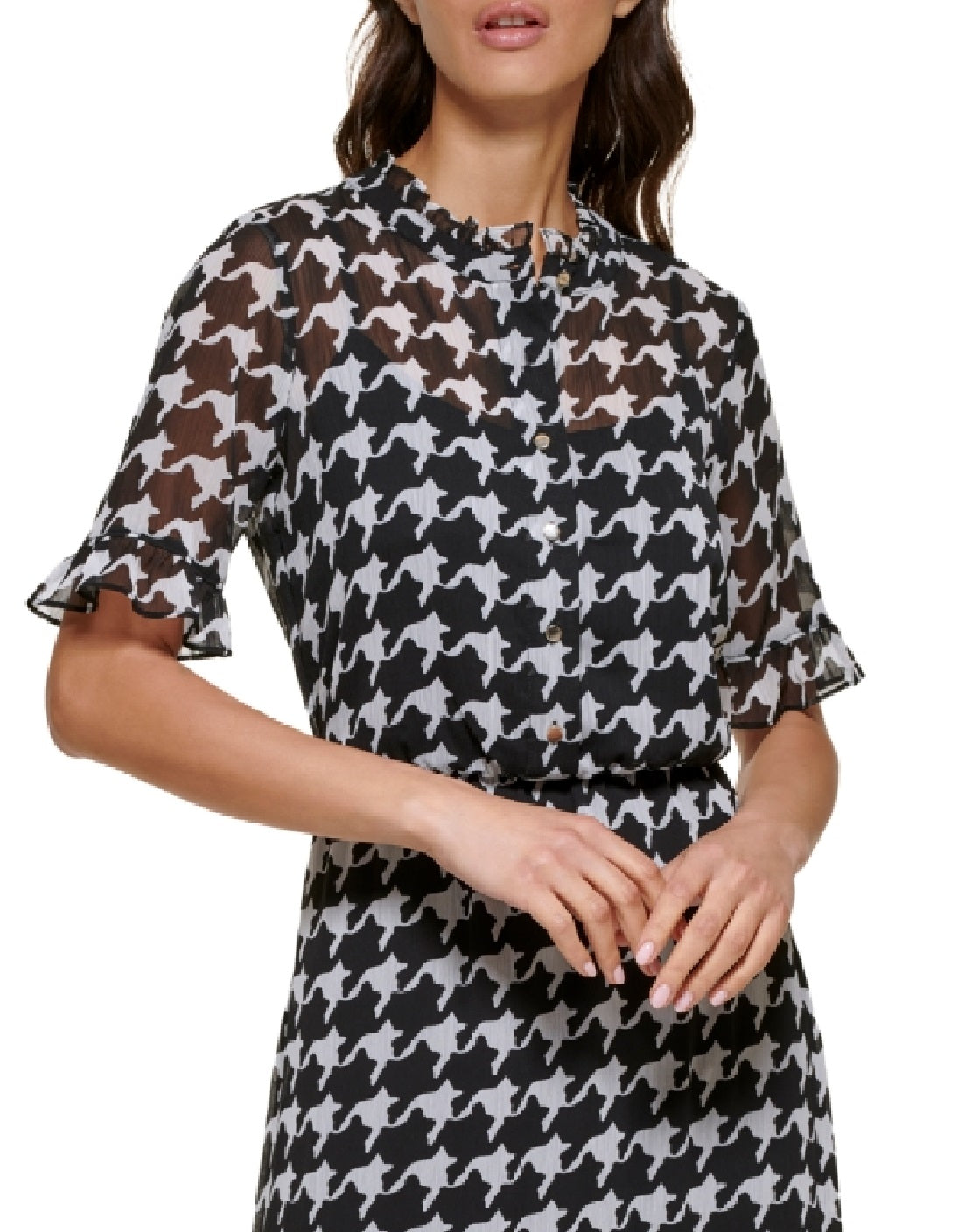 Kensie Women's Houndstooth Print Chiffon Dress Black Size 4