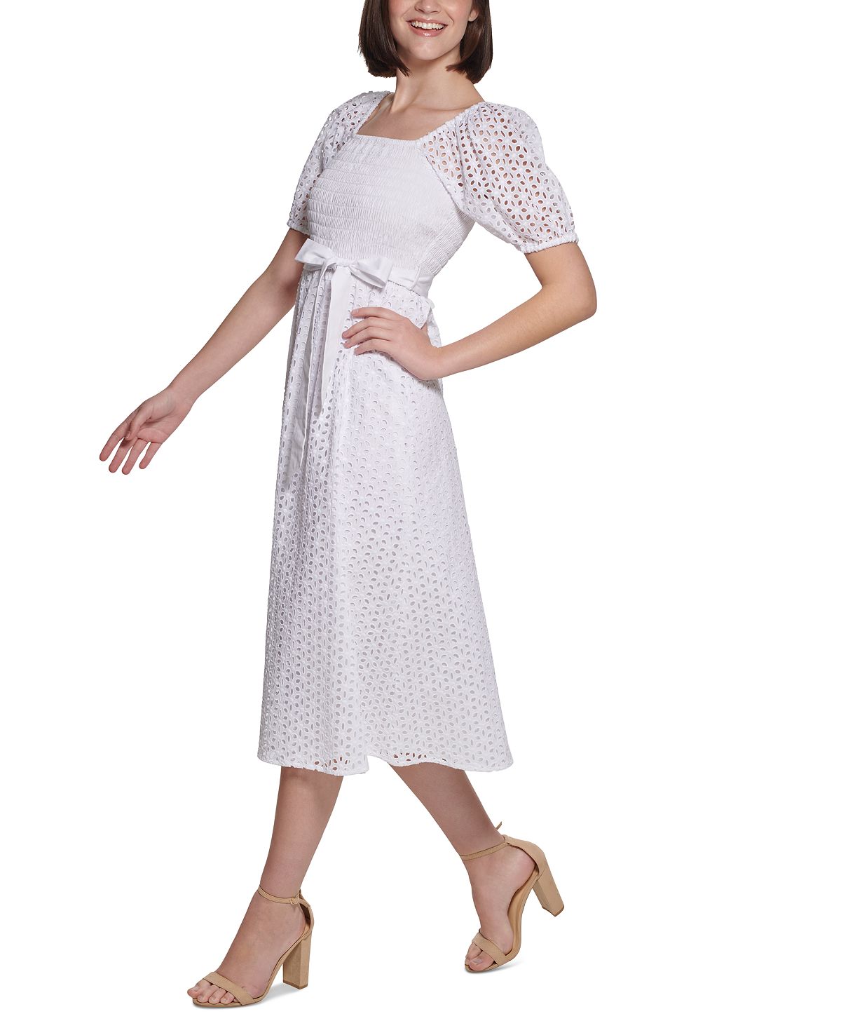 Kensie Women's Eyelet Smocked Puff Sleeve Belted Midi Dress White Size 2