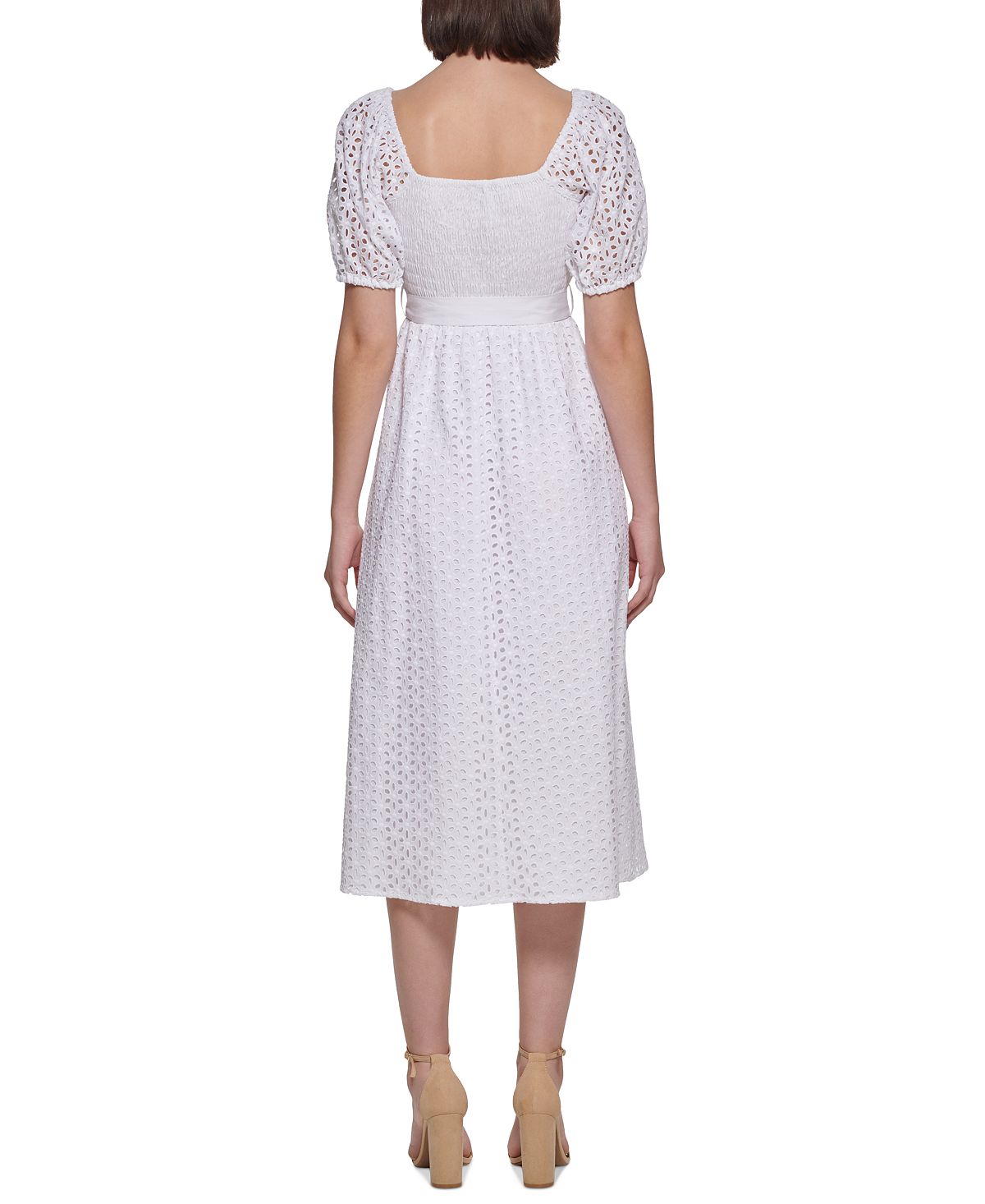 Kensie Women's Eyelet Smocked Puff Sleeve Belted Midi Dress White Size 2