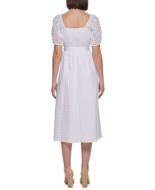 Kensie Women's Eyelet Smocked Puff Sleeve Belted Midi Dress White Size 2