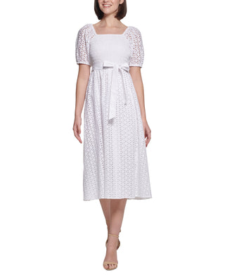 Kensie Women's Eyelet Smocked Puff Sleeve Belted Midi Dress White Size 2