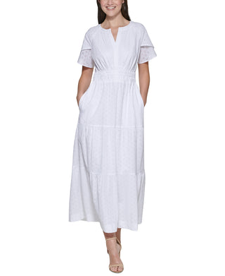 Kensie Women's Eyelet Embroidered Tiered Dress White Size 4