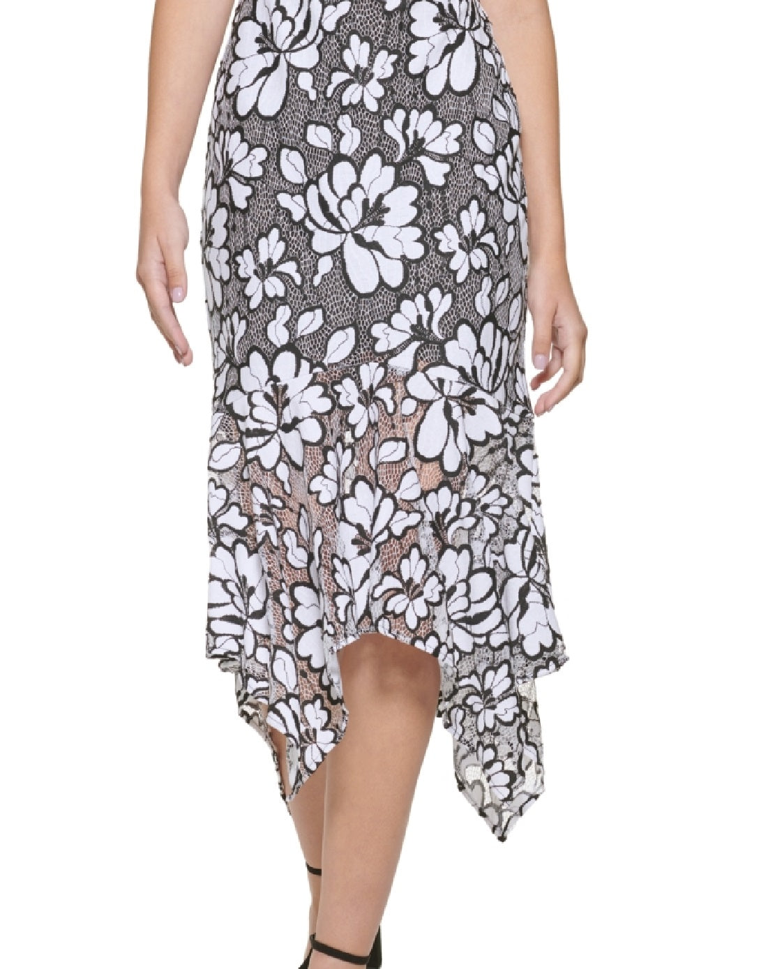 Kensie Women's Illusion Floral Print Handkerchief Hem Midi Dress Black Size 8