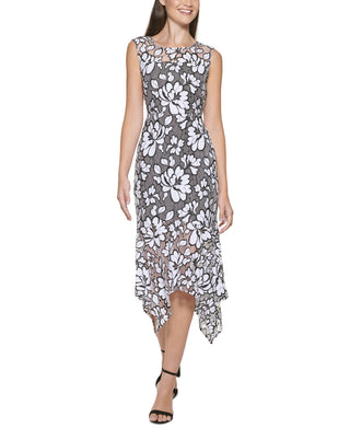 Kensie Women's Illusion Floral Print Handkerchief Hem Midi Dress Black Size 8