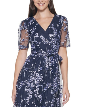 Kensie Women's Faux Wrap Embroidery Midi Dress Blue Size 6