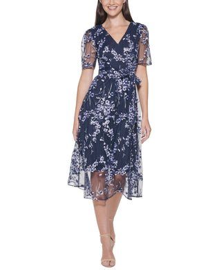 Kensie Women's Faux Wrap Embroidery Midi Dress Blue Size 6