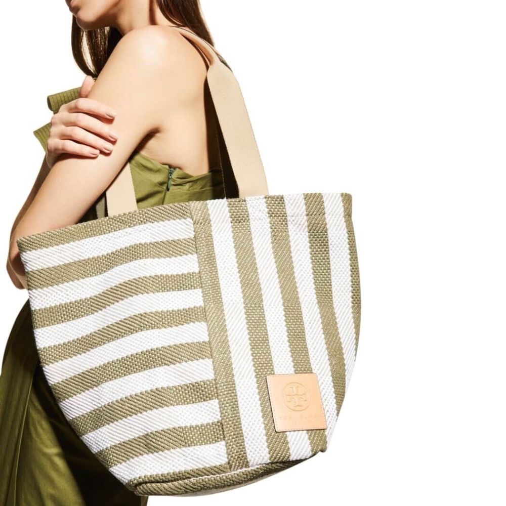 Tory Burch Women's Gracie Striped Canvas Tote Green Size Regular
