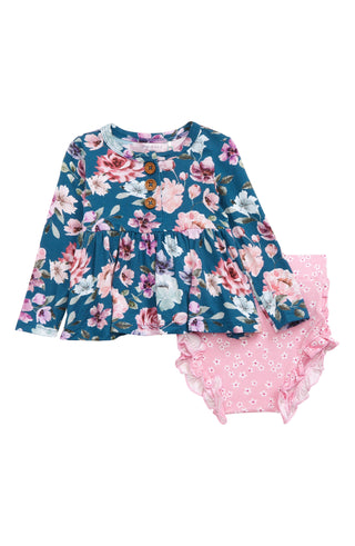 Posh Peanut Keisha Floral Peplum Top & Ruffle Bloomers in Open Blue Size 18-24M