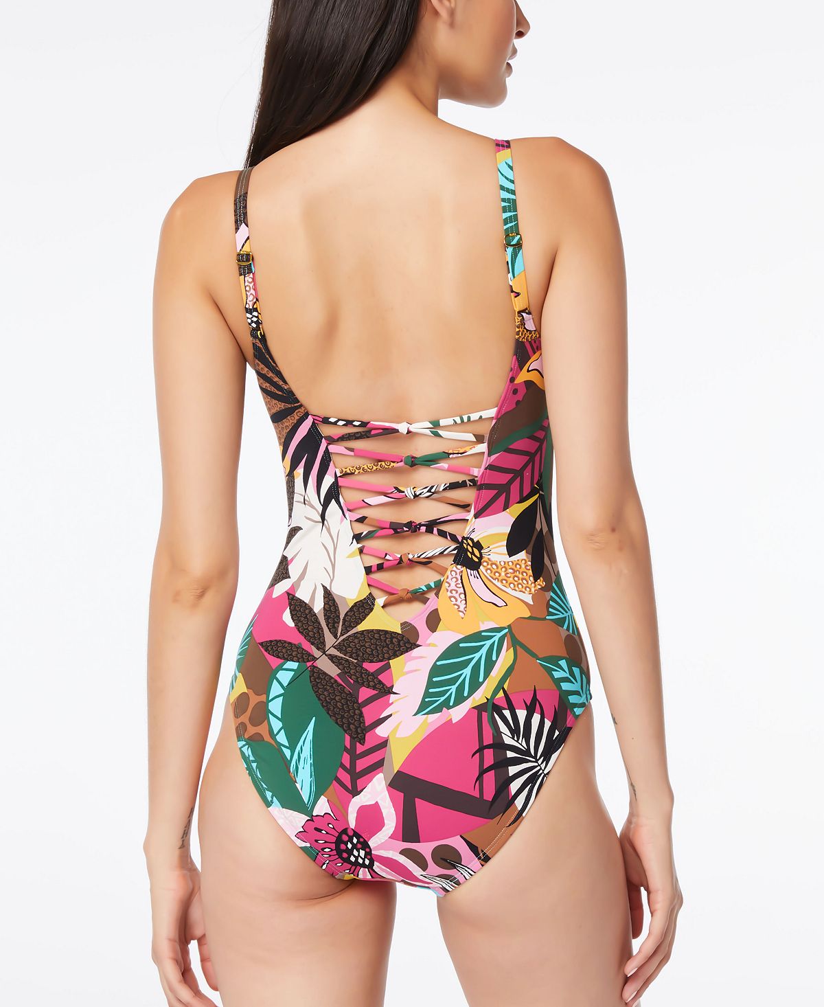 Bleu Rod Beattie Women's Printed Lace Up Over The Shoulder One Piece Swimsuit Green Size 12