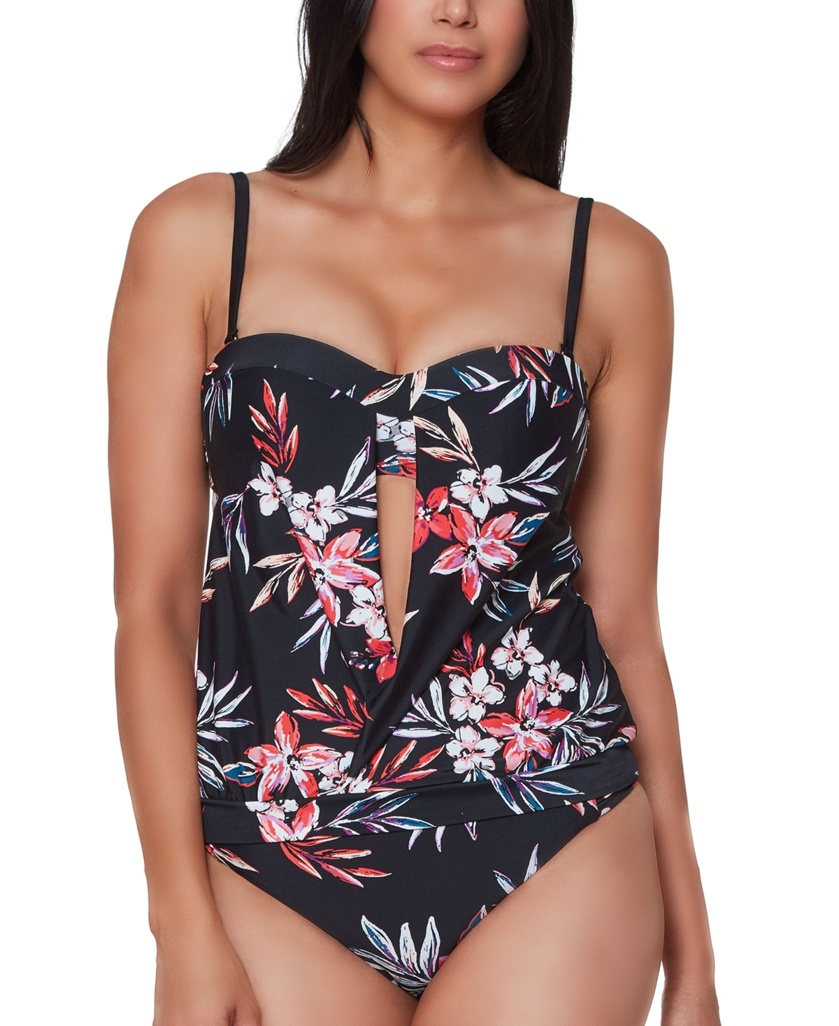 Bar III Women's Floral Print Tankini Top Swimsuit Black
