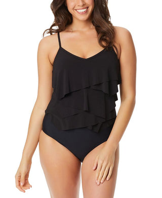 Beyond Control Women's Solid Citizen Tiered One Piece Swimsuit Black