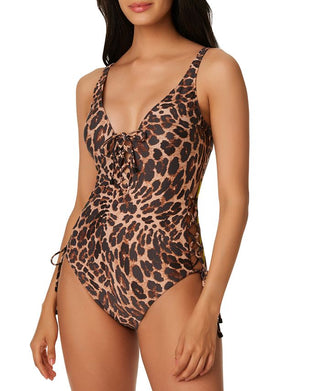 Bar III Women's Beach Cheetah Lace Up One Piece Swimsuit Brown Size Large