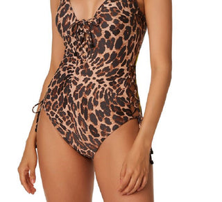 Bar III Women's Beach Cheetah Lace Up One Piece Swimsuit Brown Size Large