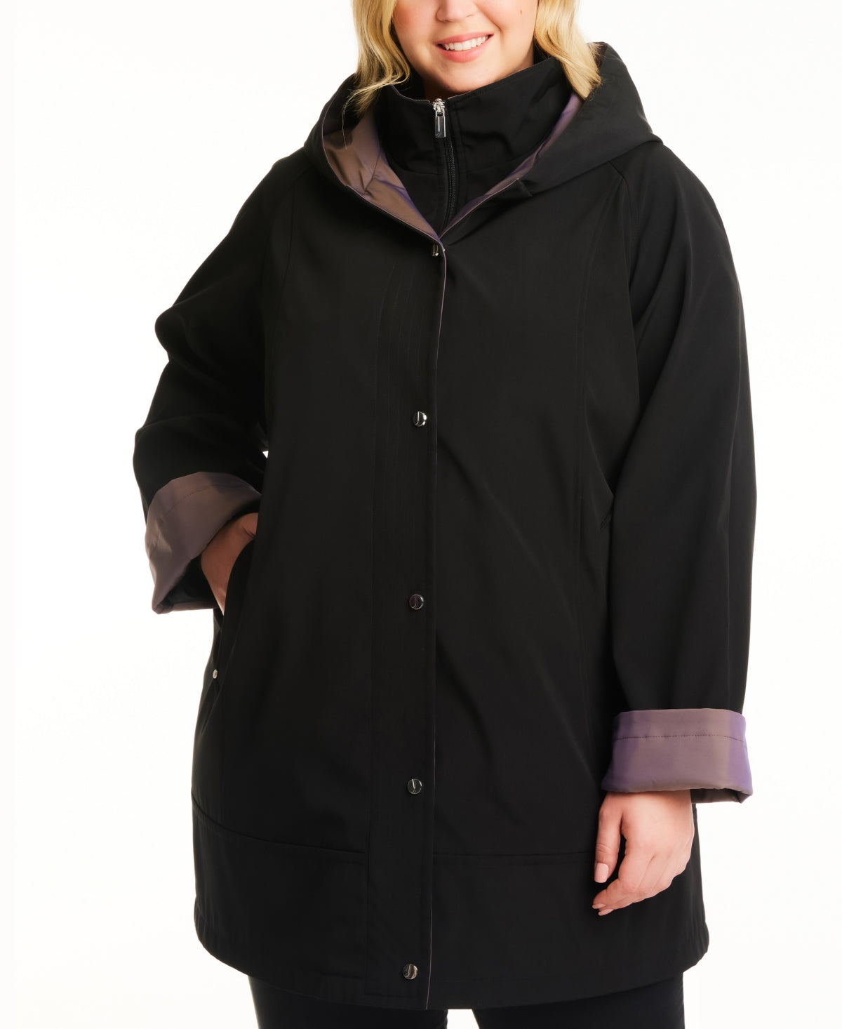 Jones New York Women's Hooded Two Tone Raincoat Black Size 3X