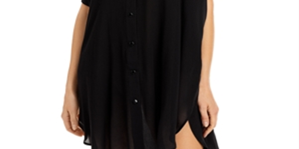 Aqua Women's  Swim Button-Down Swim Cover Up Tunic Black Size M