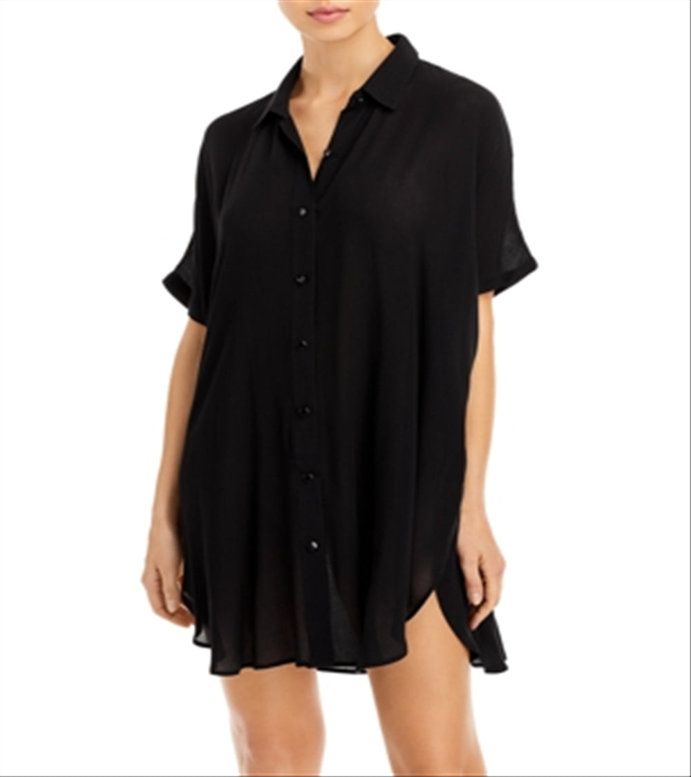 Aqua Women's Swim Button Down Swim Cover Up Tunic Black Size Large