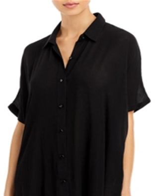 Aqua Women's Swim Button Down Swim Cover Up Tunic Black Size Large