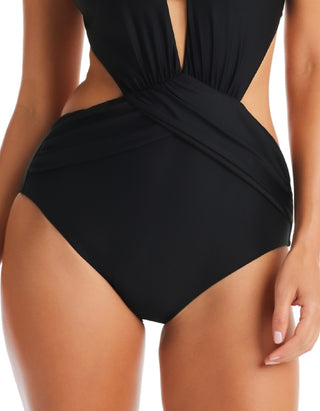Bar III Women's Drape Front Open Back Tummy Control Monokini Swimsuit Black Size Medium