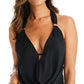 Bar III Women's Plunging Cowlneck Halter Tankini Top Swimsuit Black Size Large