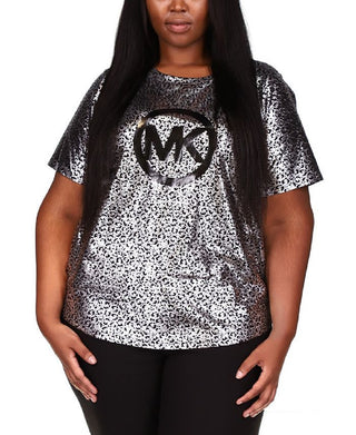 Michael Kors Women's Metallic Foil Logo Print T-Shirt Gray Size 1X
