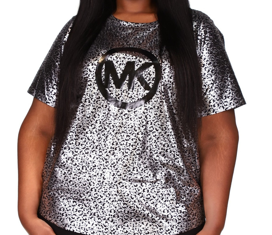 Michael Kors Women's Metallic Foil Logo Print T-Shirt Gray Size 2X