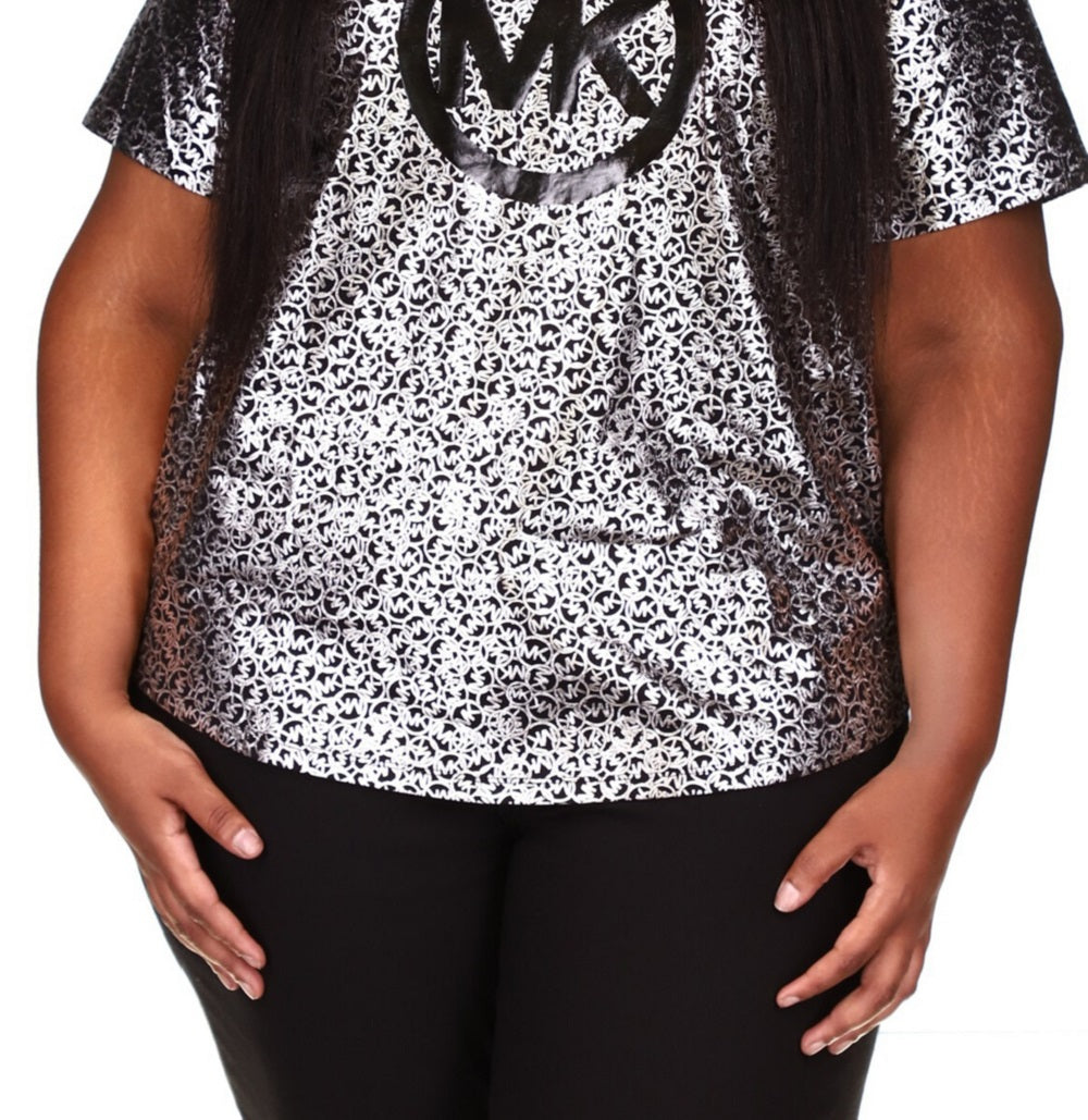 Michael Kors Women's Metallic Foil Logo Print T-Shirt Gray Size 2X