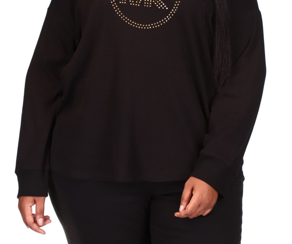 Michael Kors Women's Rhinestone Logo Waffle Knit T-Shirt Black