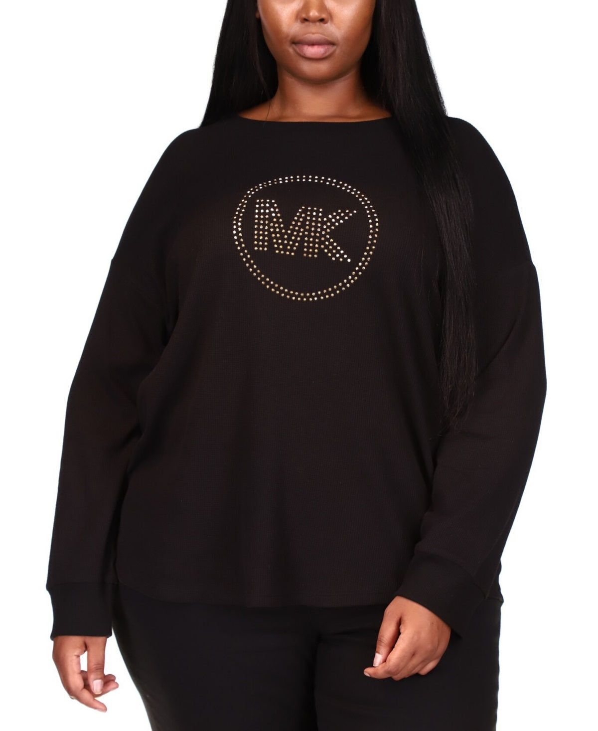Michael Kors Women's Rhinestone Logo Waffle Knit T-Shirt Black Size 2X