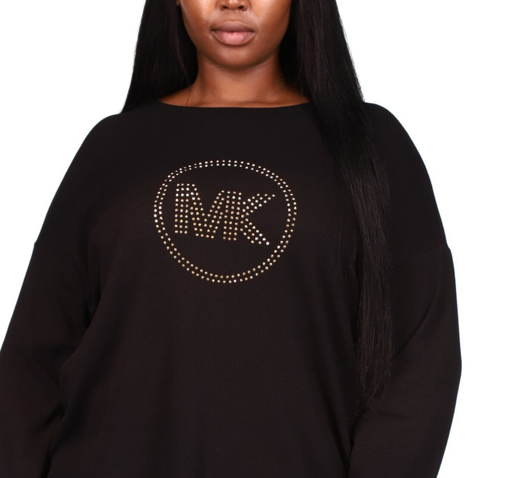 Michael Kors Women's Rhinestone Logo Waffle Knit T-Shirt Black Size 2X