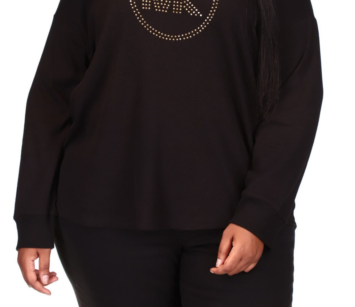Michael Kors Women's Rhinestone Logo Waffle Knit T-Shirt Black Size 2X