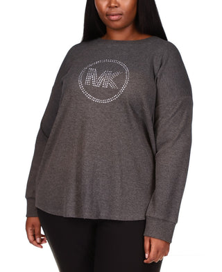 Michael Kors Women's Rhinestone Logo Waffle Knit T-Shirt Gray Size 3X