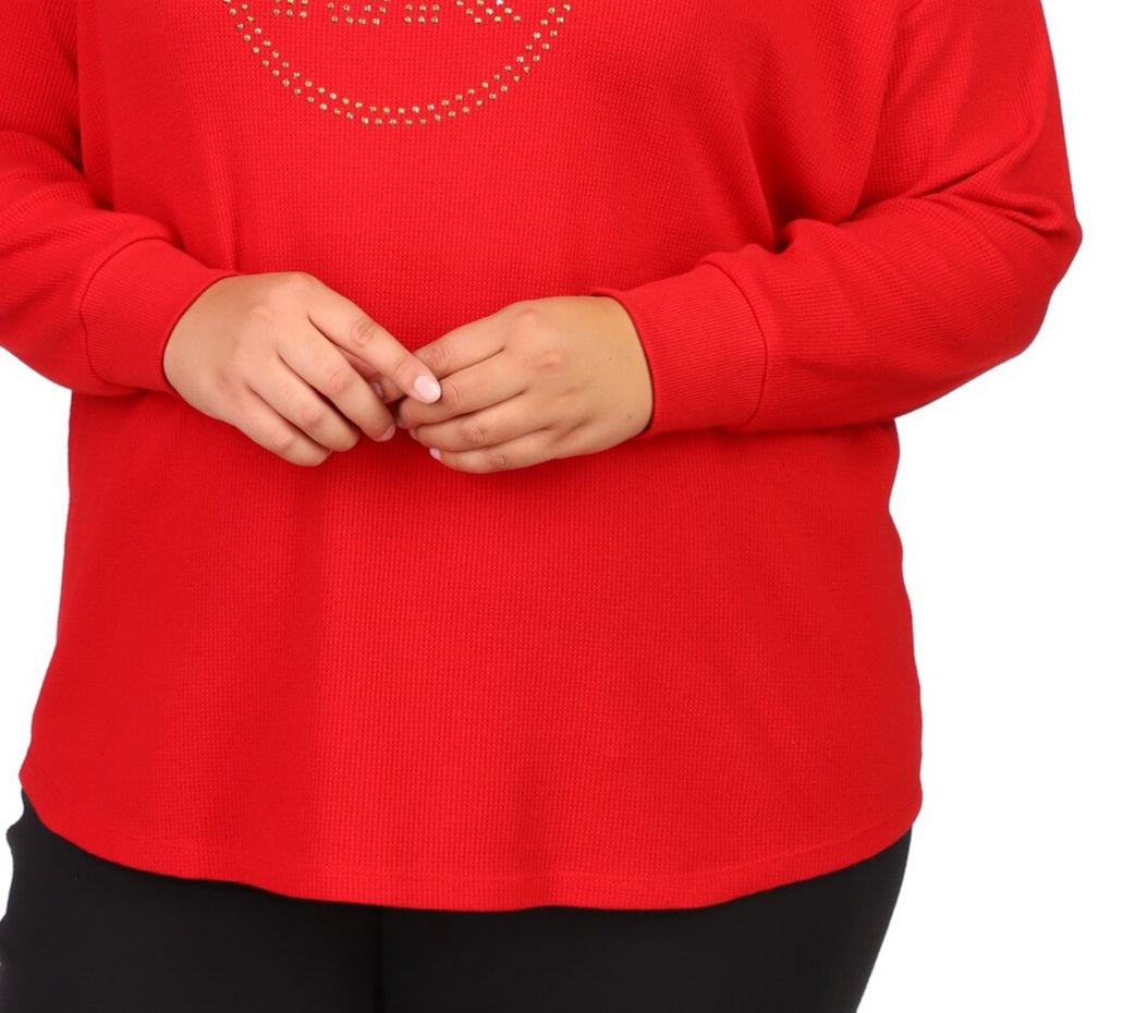 Michael Kors Women's Rhinestone Logo Waffle Knit T-Shirt Red Size 2X