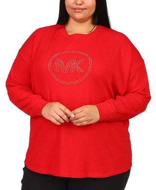 Michael Kors Women's Rhinestone Logo Waffle Knit T-Shirt Red Size 4X
