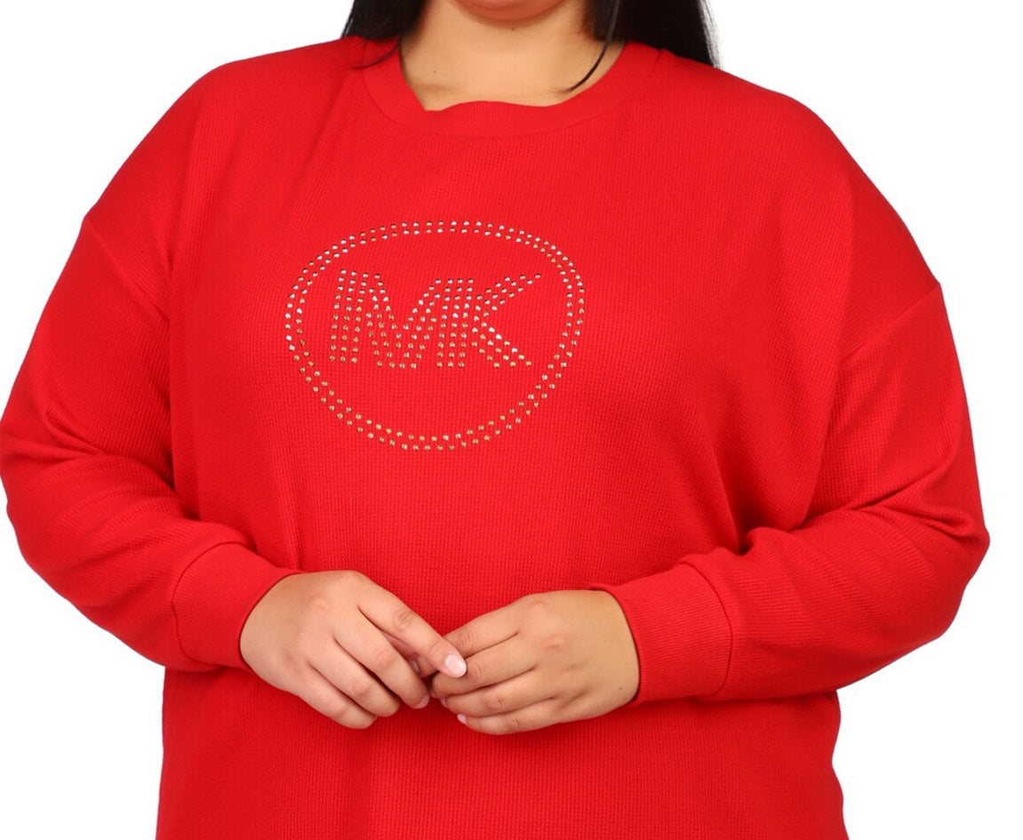 Michael Kors Women's Rhinestone Logo Waffle Knit T-Shirt Red Size 4X