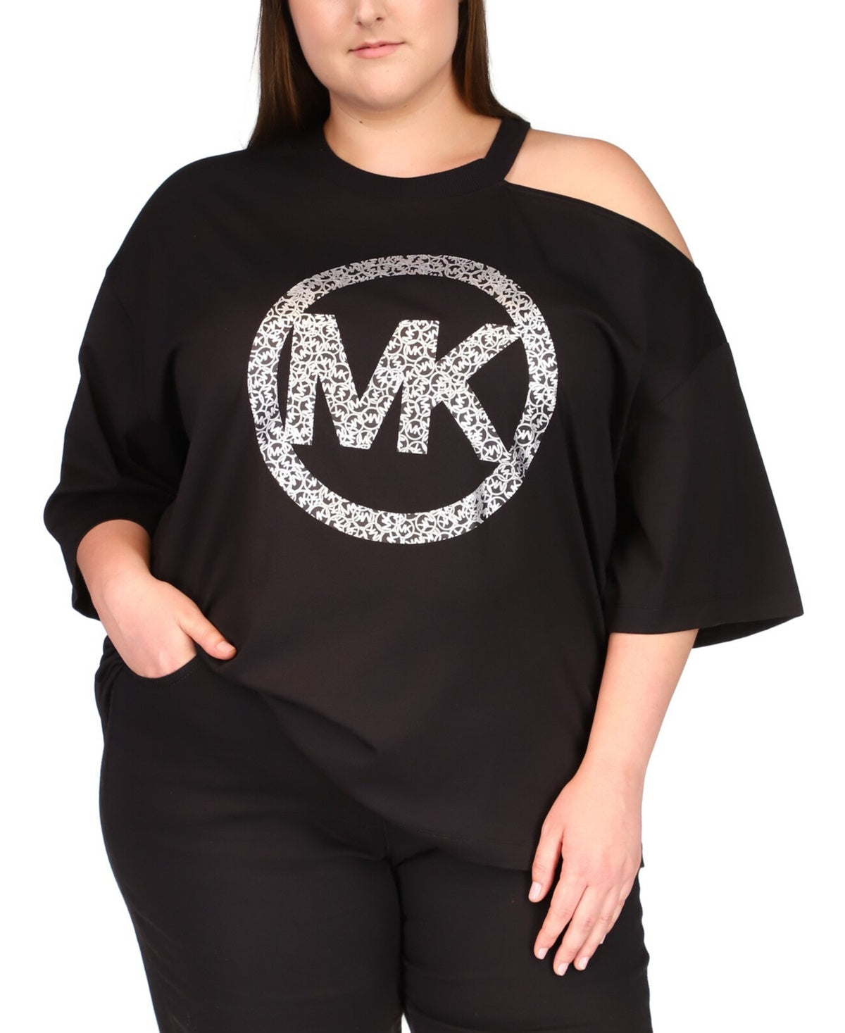 Michael Kors Women's Cotton Cold Shoulder Logo Print T-Shirt Black Size 3X