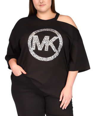 Michael Kors Women's Cotton Cold Shoulder Logo Print T-Shirt Black Size 3X
