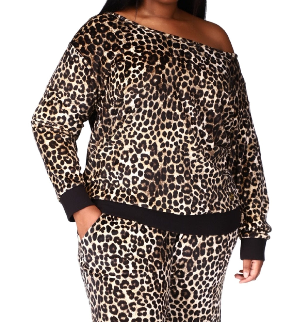 Michael Kors Women's Animal Print Velour Off The Shoulder Top Brown Size 1X