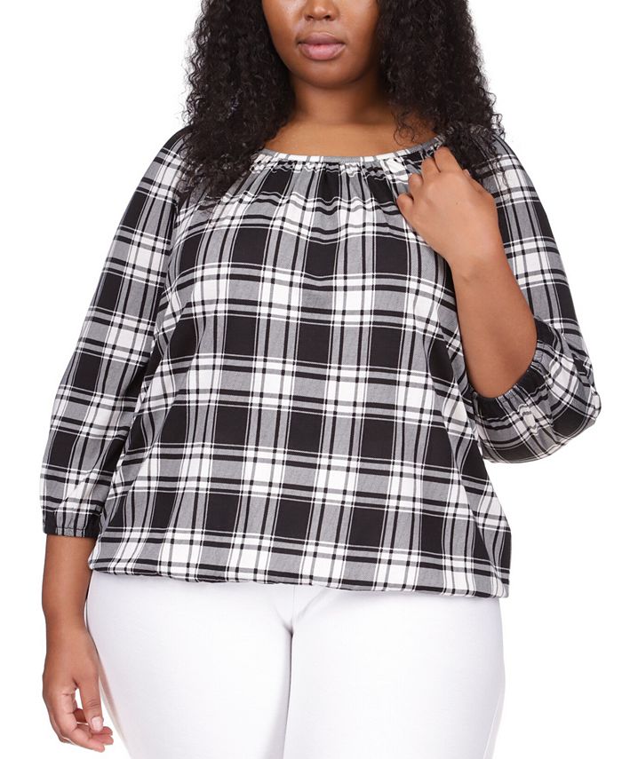 Michael Kors Women's Buffalo Check Peasant Top White Size 3X