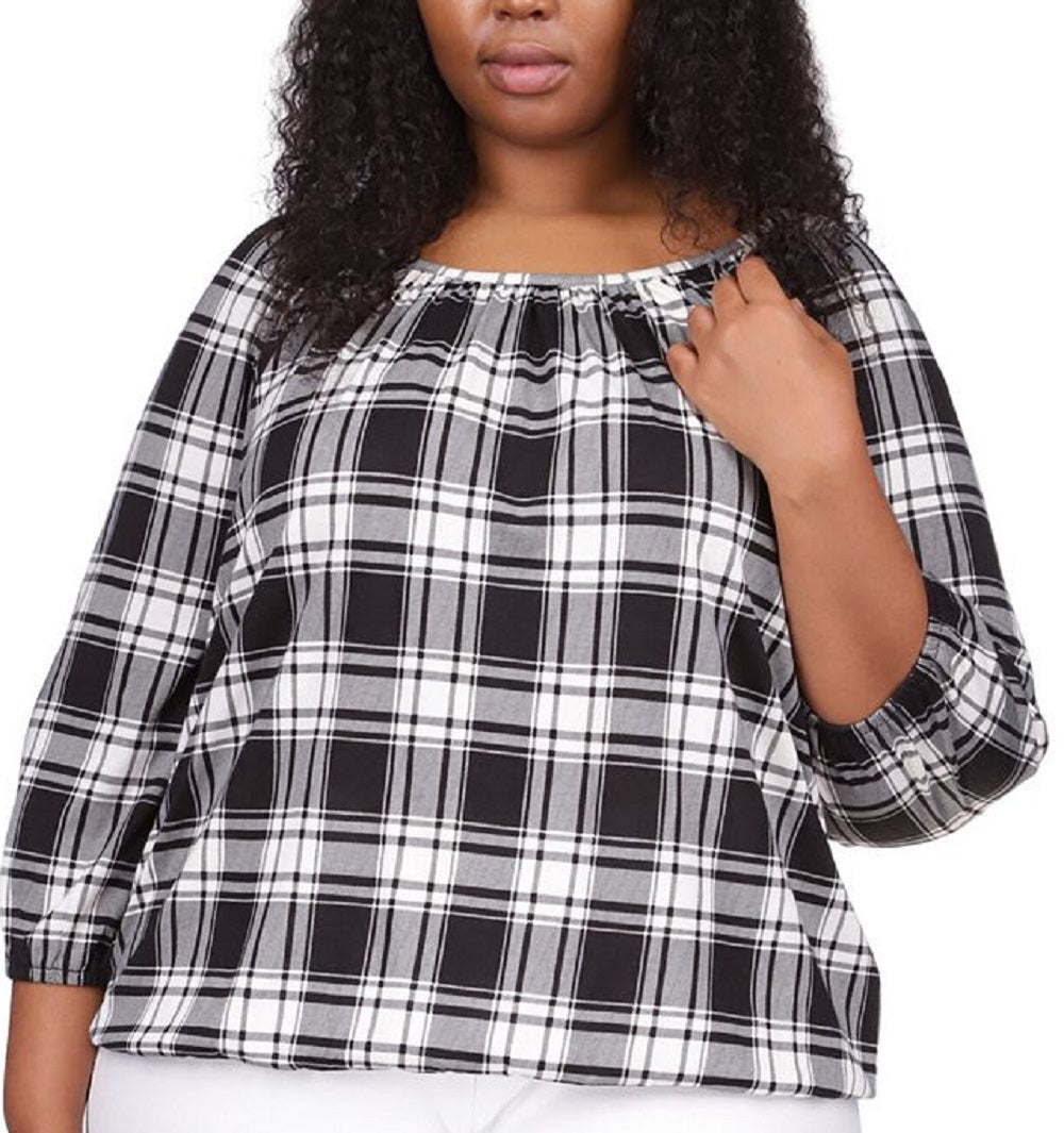 Michael Kors Women's Buffalo Check Peasant Top White Size 3X