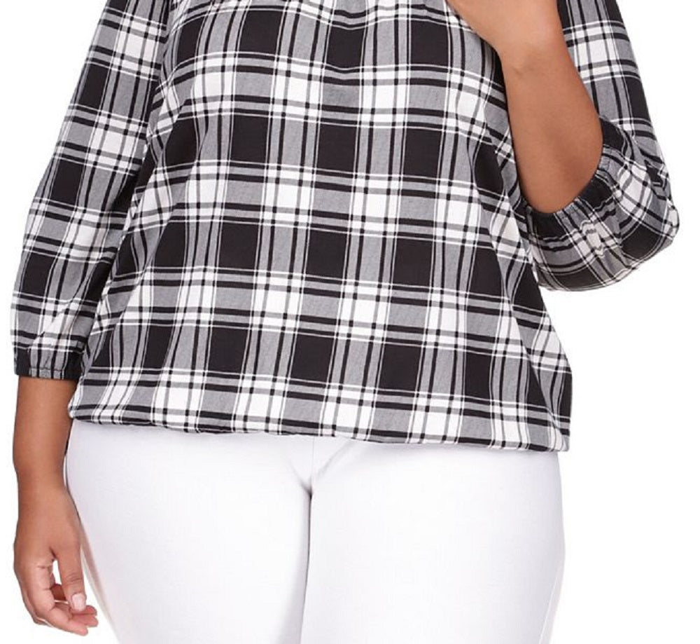 Michael Kors Women's Buffalo Check Peasant Top White Size 3X