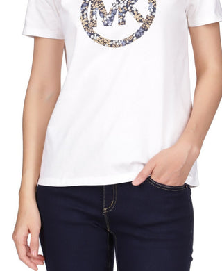 Michael Kors Women's Short Sleeve Floral Circle T-Shirt White Size Petite Medium