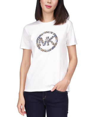 Michael Kors Women's Short Sleeve Floral Circle T-Shirt White Size Petite Large