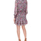 Michael Kors Women's Smocked Ruffled Pullover Lined Floral Long Sleeve Surplice Neckline Short Party Faux Wrap Dress Black Size Medium