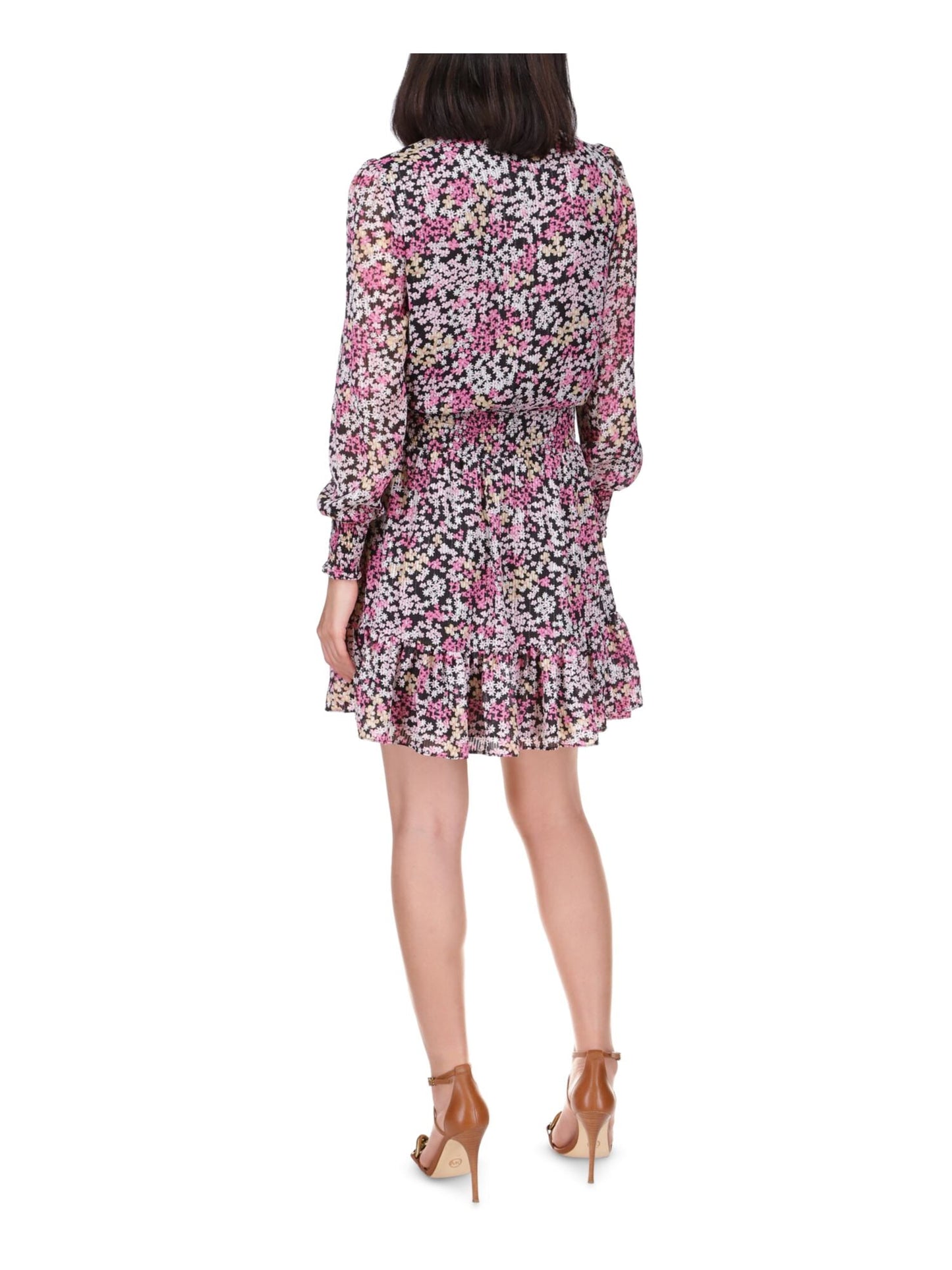 Michael Kors Women's Smocked Ruffled Pullover Lined Floral Long Sleeve Surplice Neckline Short Party Faux Wrap Dress Black Size Medium