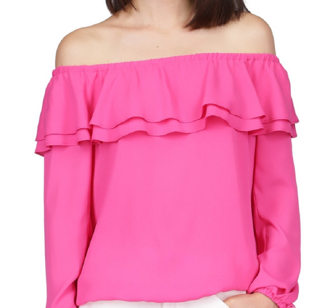 Michael Kors Women's Ruffled Off The Shoulder Peasant Top Pink Size X-Small