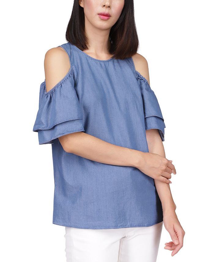 Michael Kors Women's Tiered Sleeve Cold Shoulder Top Blue